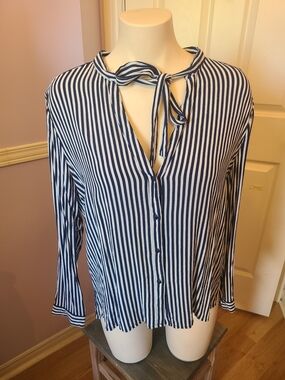Zara Navy & White Striped Tie-Neck Button Down Blouse